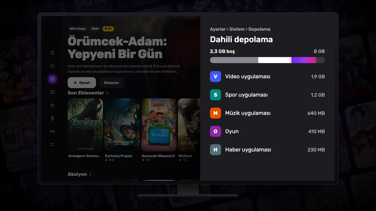 Google TV’de Dahili depolama ekranı: dolmak üzere olan çubukta yeni boşaltılan bölüm parlıyor.