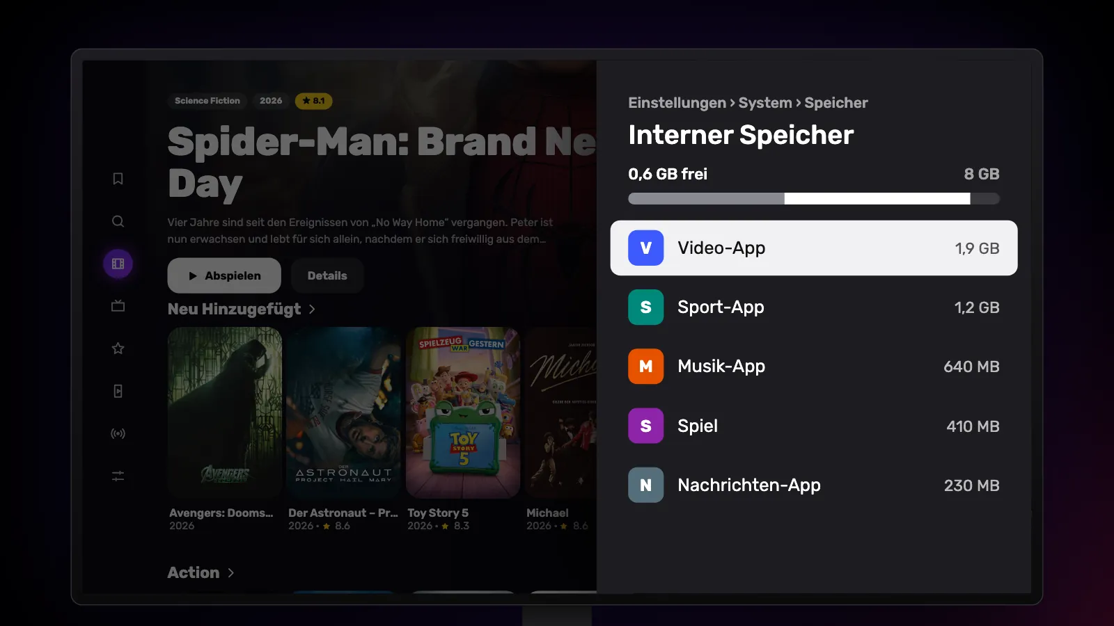 Einstellungen › System › Speicher: 0,6 GB von 8 GB frei, die Apps nach Größe absteigend aufgelistet.