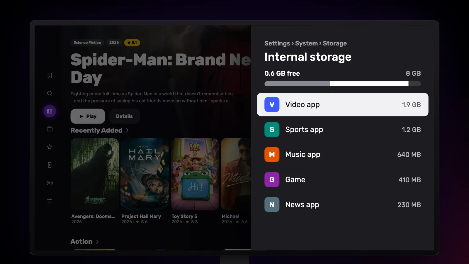 Settings › System › Storage: 0.6 GB of 8 GB free, with apps listed from largest to smallest.