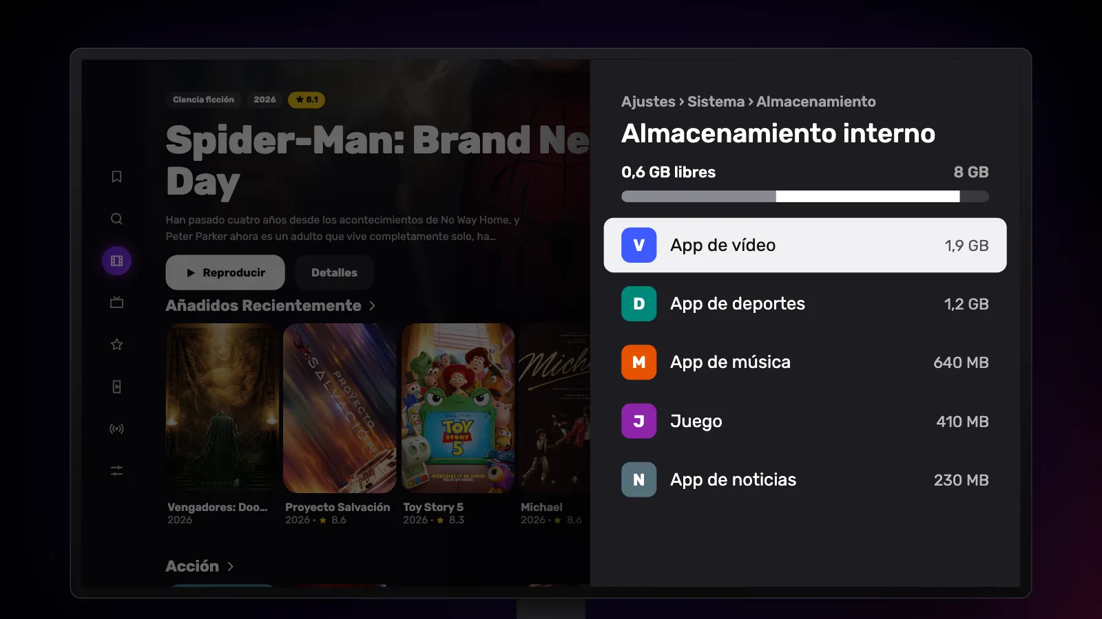Ajustes › Sistema › Almacenamiento: 0,6 GB libres de 8 GB y las apps ordenadas de mayor a menor.