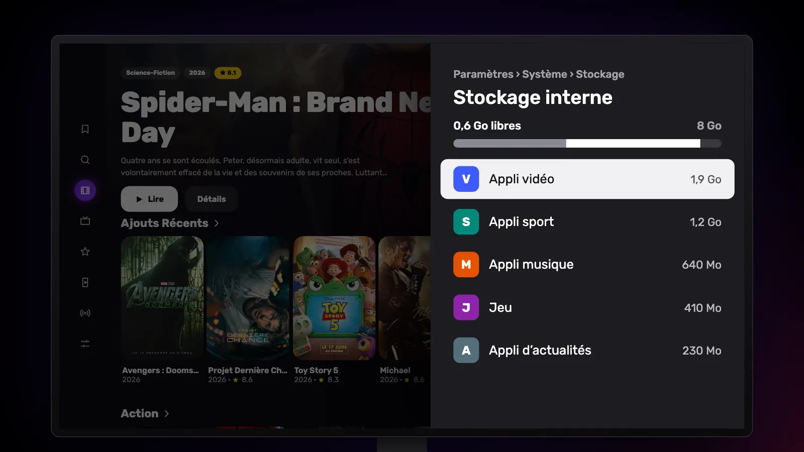 Paramètres › Système › Stockage : 0,6 Go libres sur 8 Go, applications classées de la plus grande à la plus petite.