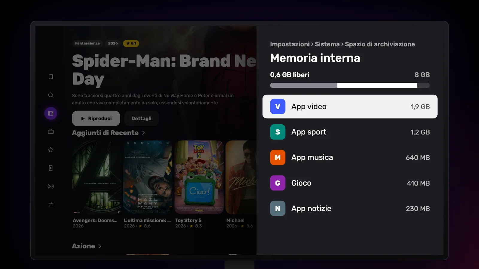 Impostazioni › Sistema › Spazio di archiviazione: 0,6 GB liberi su 8 GB, app dalla più grande alla più piccola.