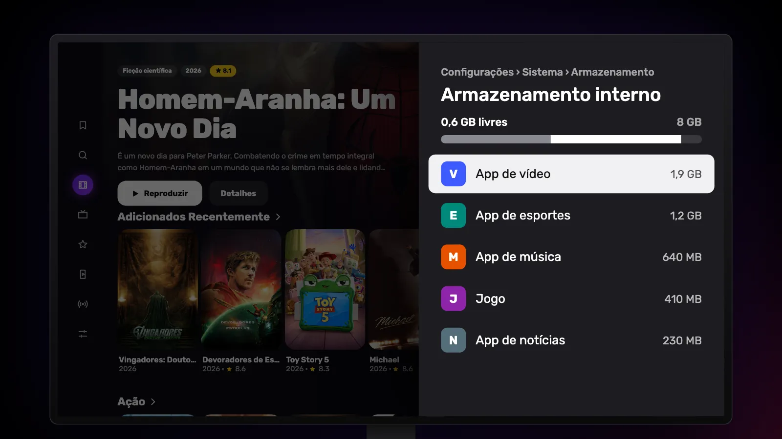 Configurações › Sistema › Armazenamento: 0,6 GB livres de 8 GB e os apps do maior para o menor.
