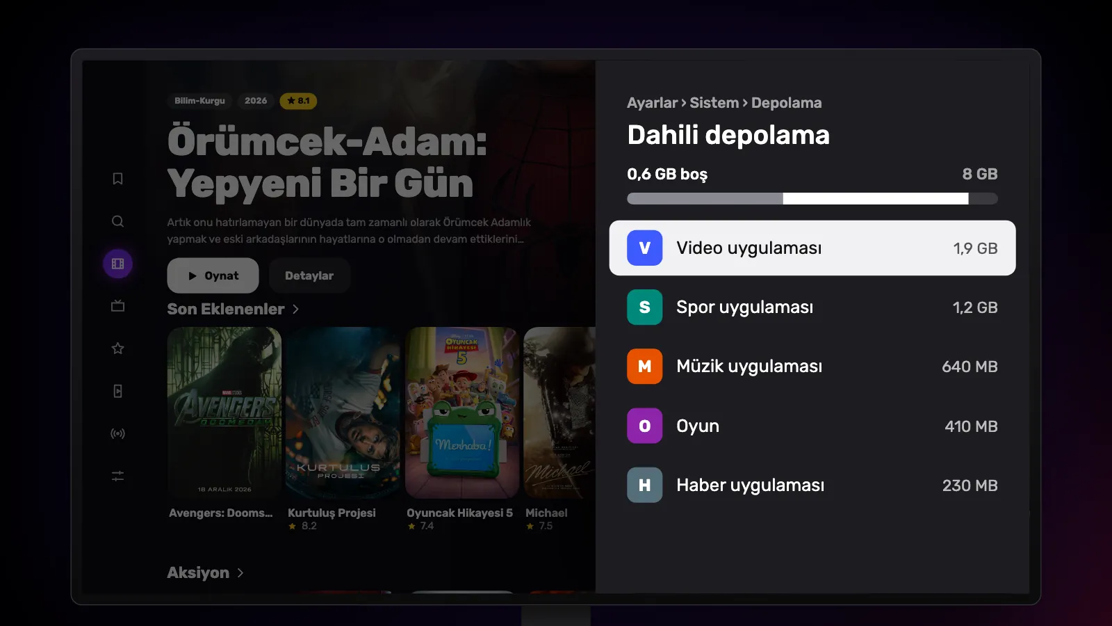 Ayarlar › Sistem › Depolama: 8 GB’ın 0,6 GB’ı boş, uygulamalar büyükten küçüğe sıralı.