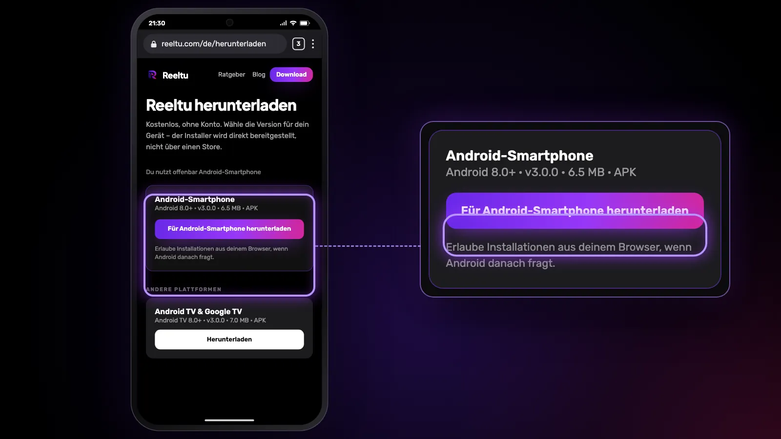 Die Download-Seite von Reeltu im Handy-Browser; oben die Android-Version mit ihrer Schaltfläche, daneben vergrößert.