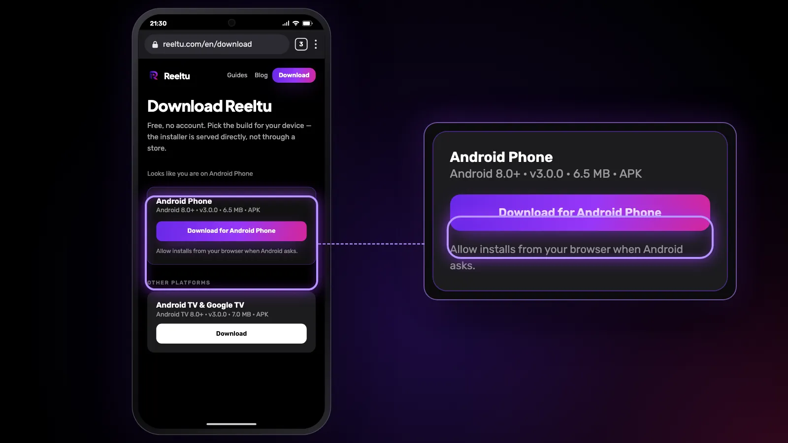 Reeltu's download page in a phone browser, with the Android Phone build and its download button on top, enlarged beside it.