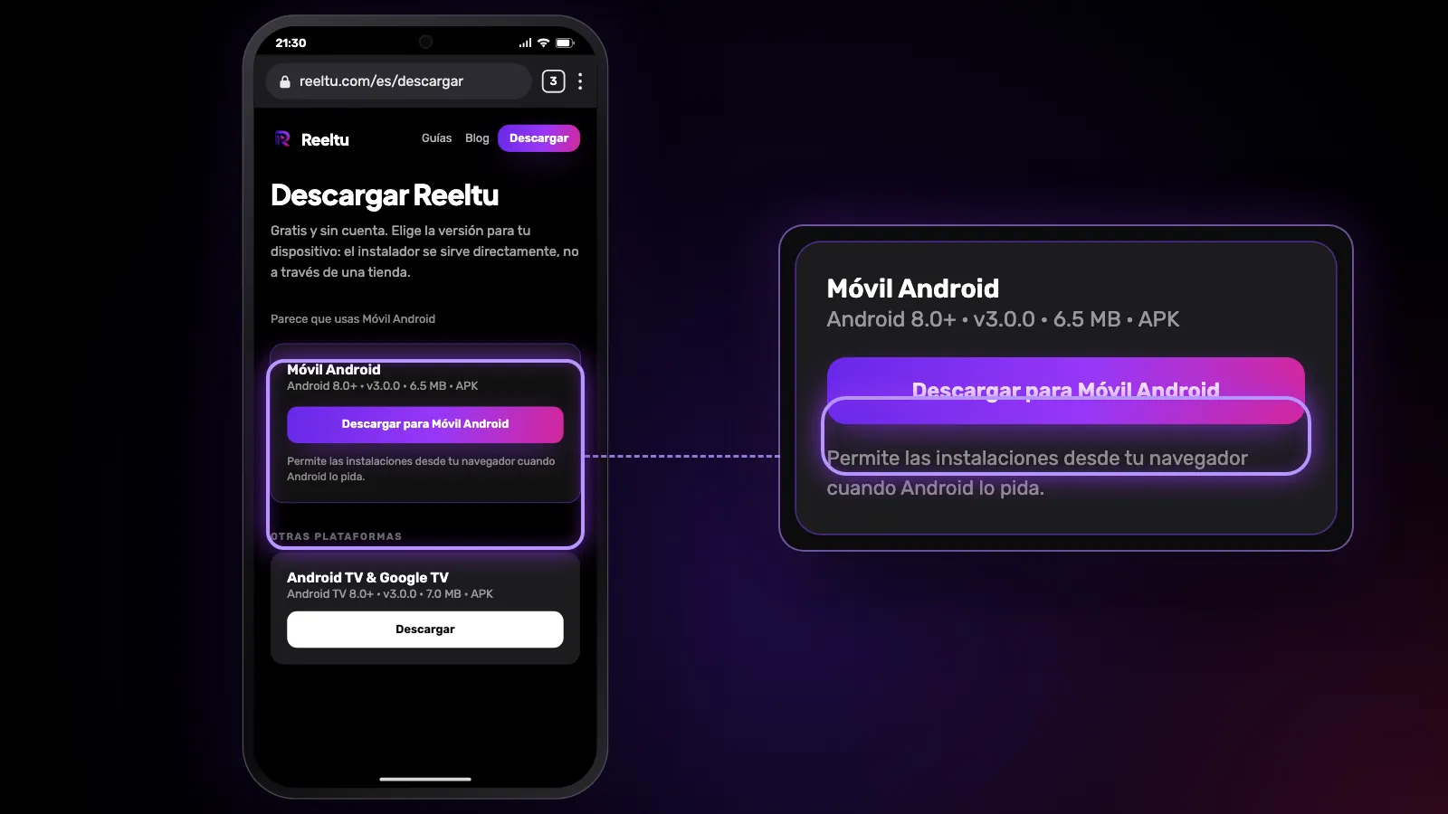 La página de descarga de Reeltu en el navegador del móvil, con la versión Android y su botón arriba, ampliados al lado.