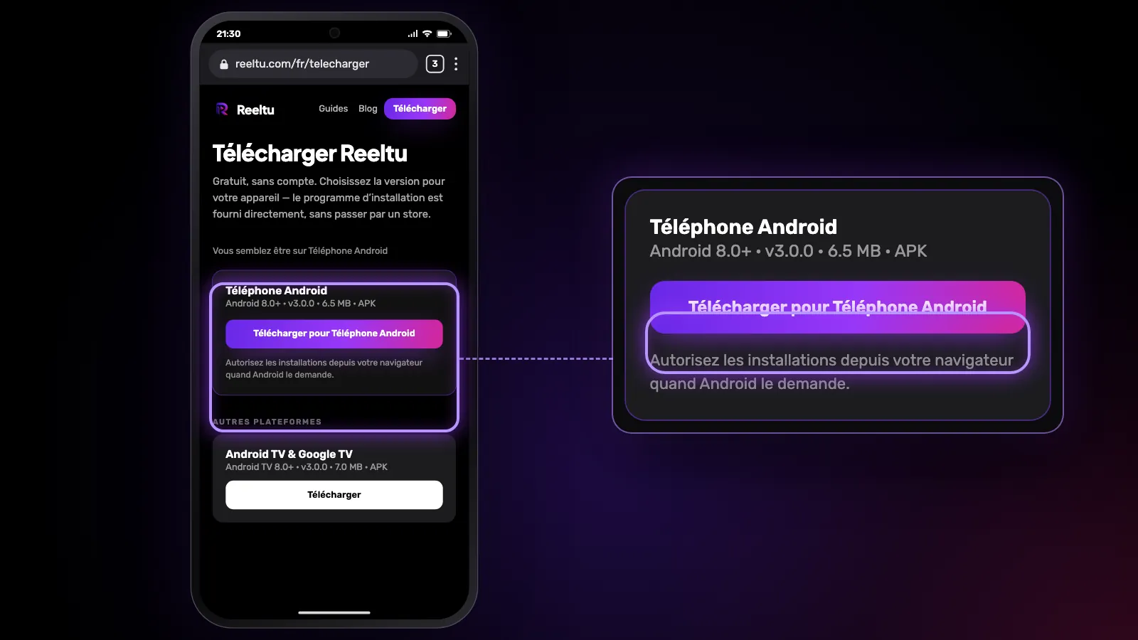 La page de téléchargement de Reeltu dans le navigateur du téléphone, la version Android et son bouton en tête, agrandis à côté.