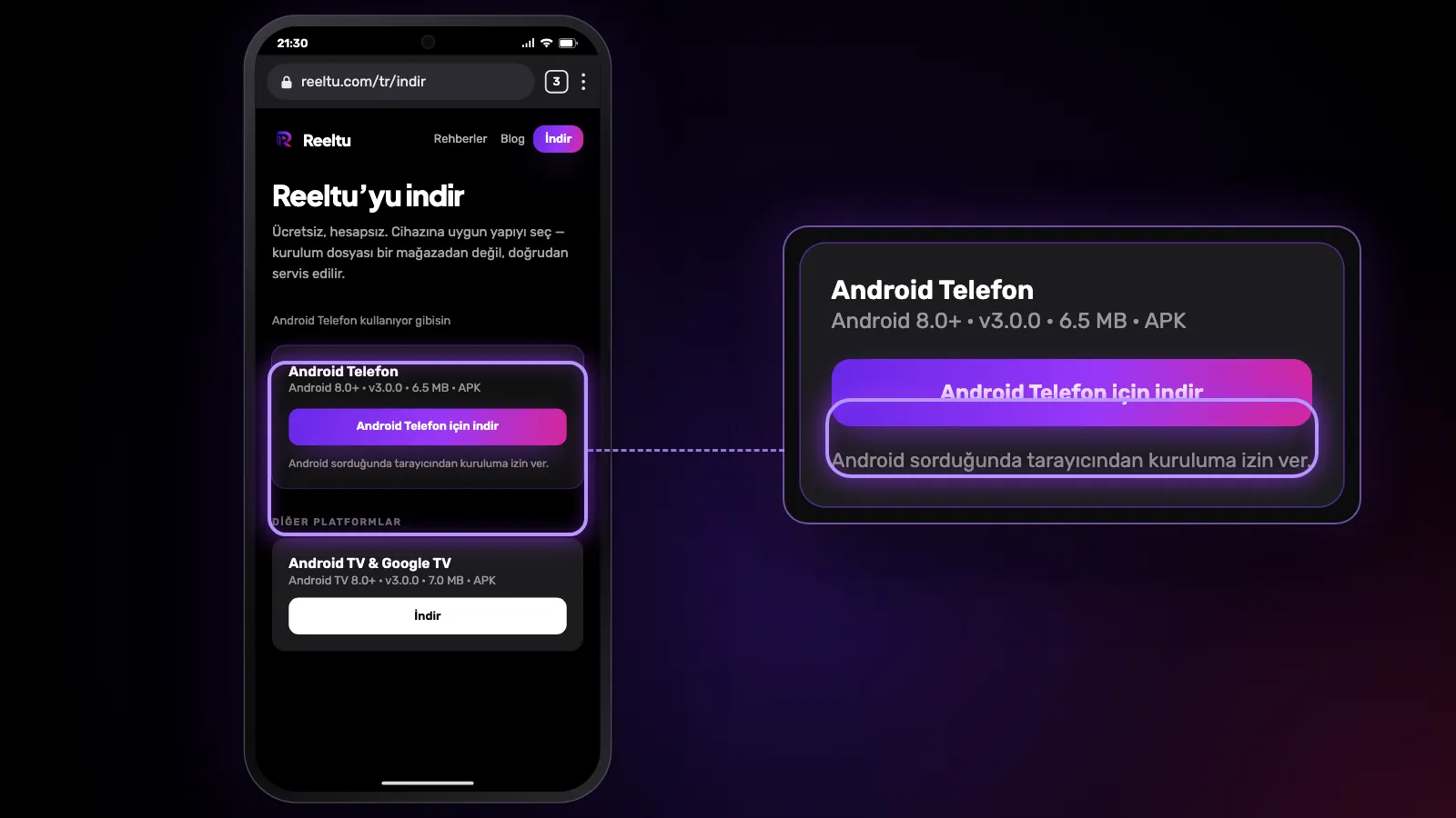 Telefon tarayıcısında Reeltu indirme sayfası; en üstte Android Telefon sürümü ve İndir düğmesi, yanında büyütülmüş hâli.