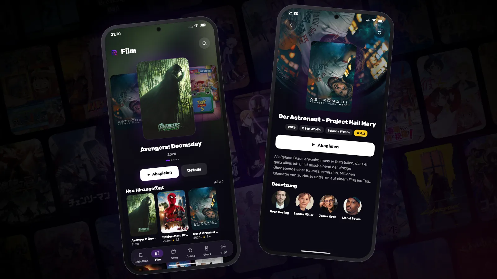 Zwei Android-Smartphones mit Reeltu: eines zeigt die Filmreihen, das andere die Detailseite eines Films.