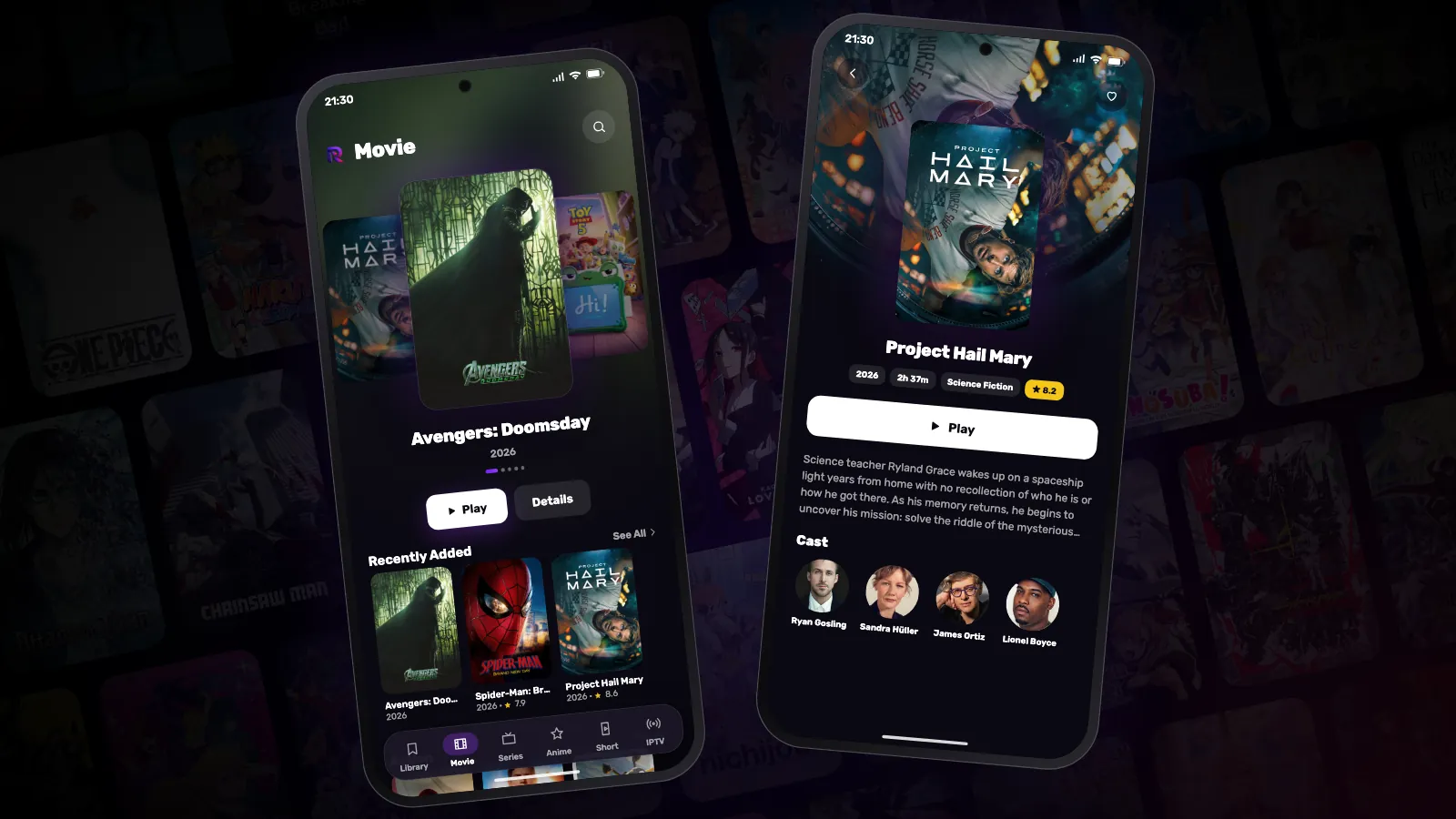 Two Android phones with Reeltu open: one shows the movie rows, the other a film's detail page.