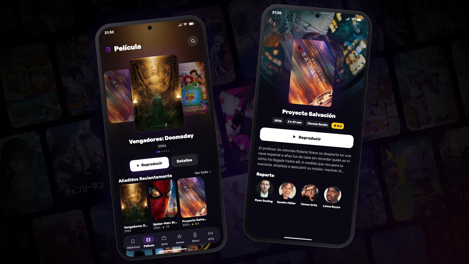 Dos móviles Android con Reeltu abierto: uno muestra las filas de películas y el otro la ficha de una película.