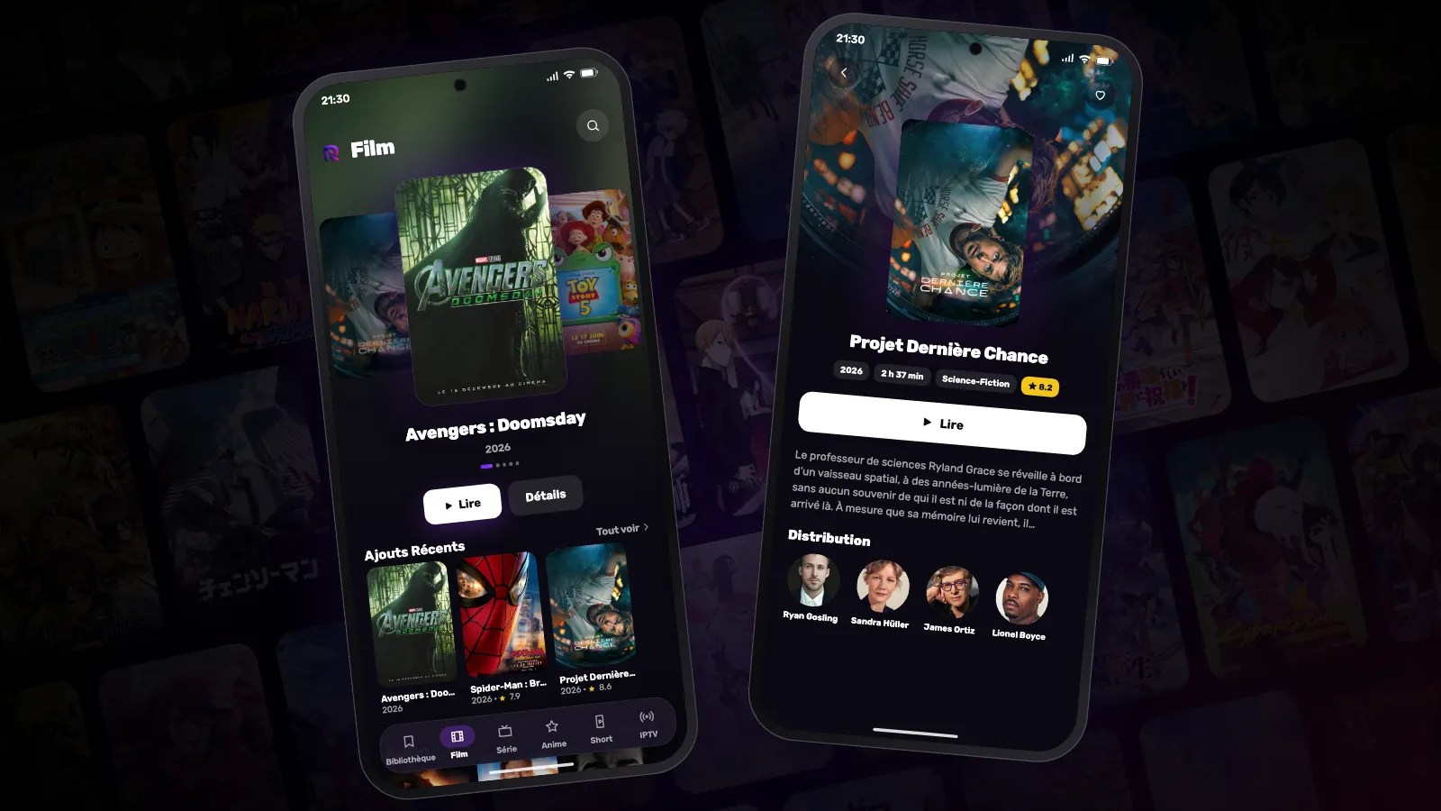 Deux téléphones Android avec Reeltu ouvert : l'un affiche les rangées de films, l'autre la fiche d'un film.