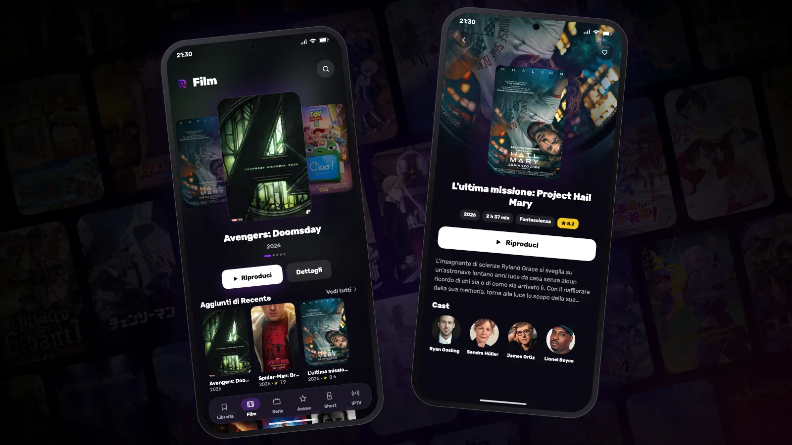 Due telefoni Android con Reeltu aperto: uno mostra le file di film, l'altro la pagina di dettaglio di un film.