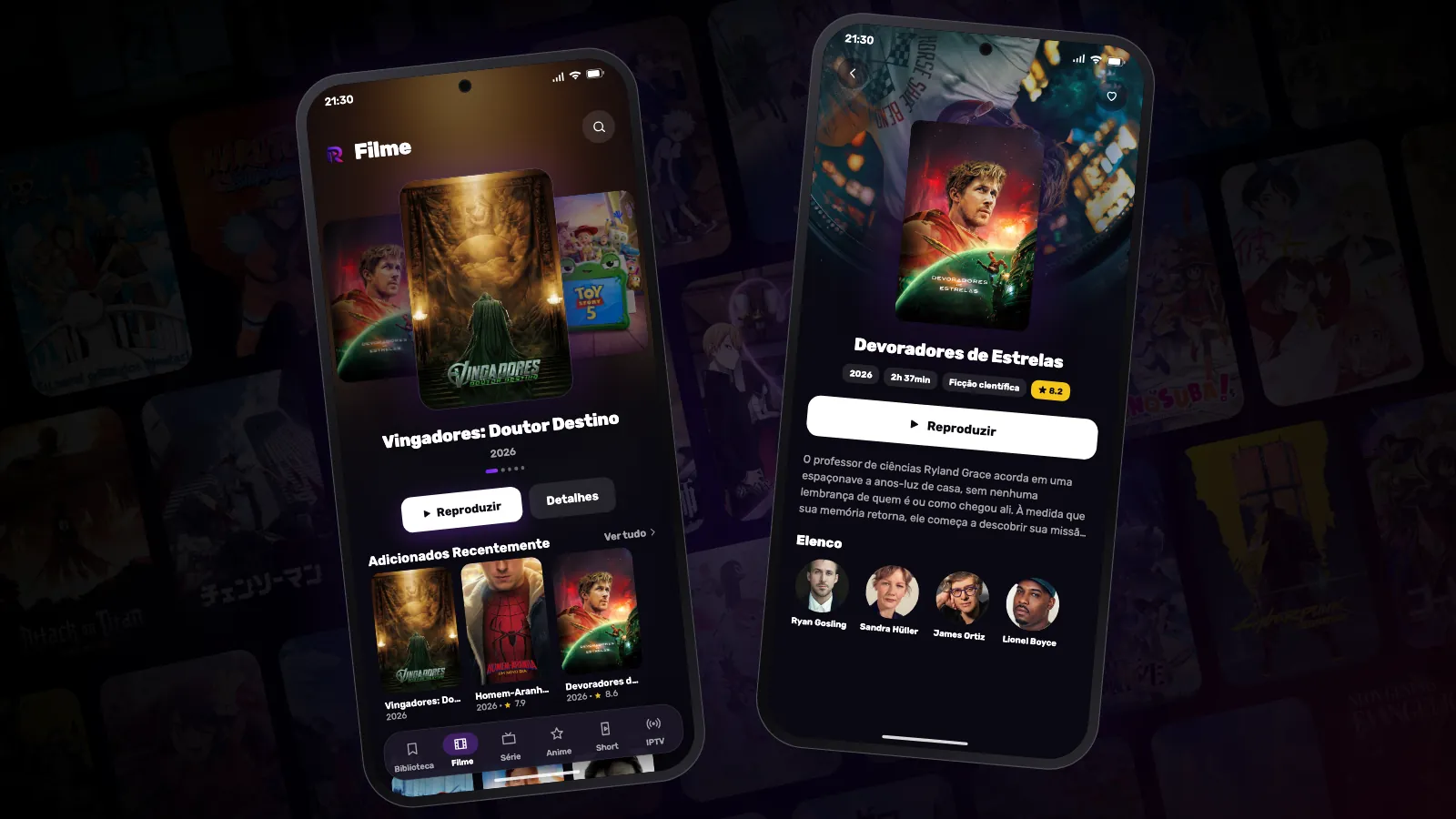 Dois celulares Android com o Reeltu aberto: um mostra as fileiras de filmes, o outro a página de detalhes de um filme.
