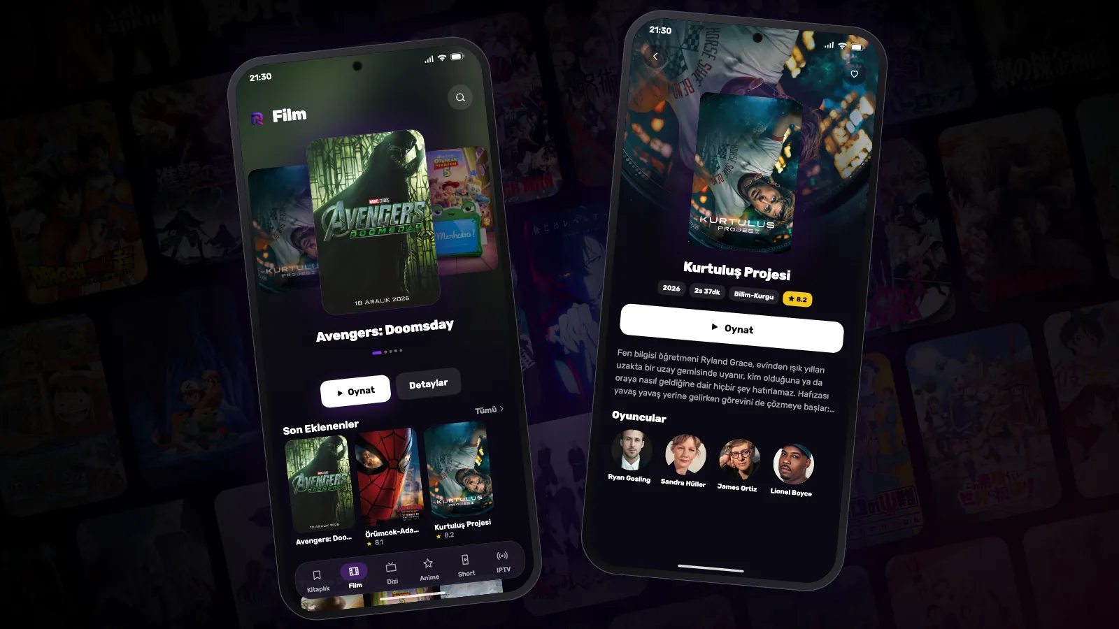 Reeltu açık iki Android telefon: birinde film satırları, diğerinde bir filmin detay sayfası.