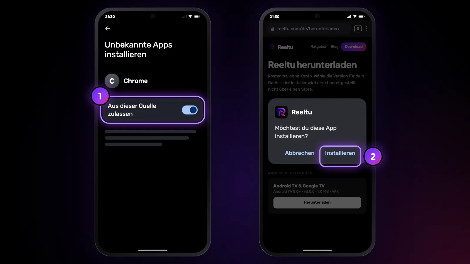 Zwei Handys: Die Berechtigung des Browsers für unbekannte Apps wird eingeschaltet, dann fragt Android, ob Reeltu installiert werden soll.
