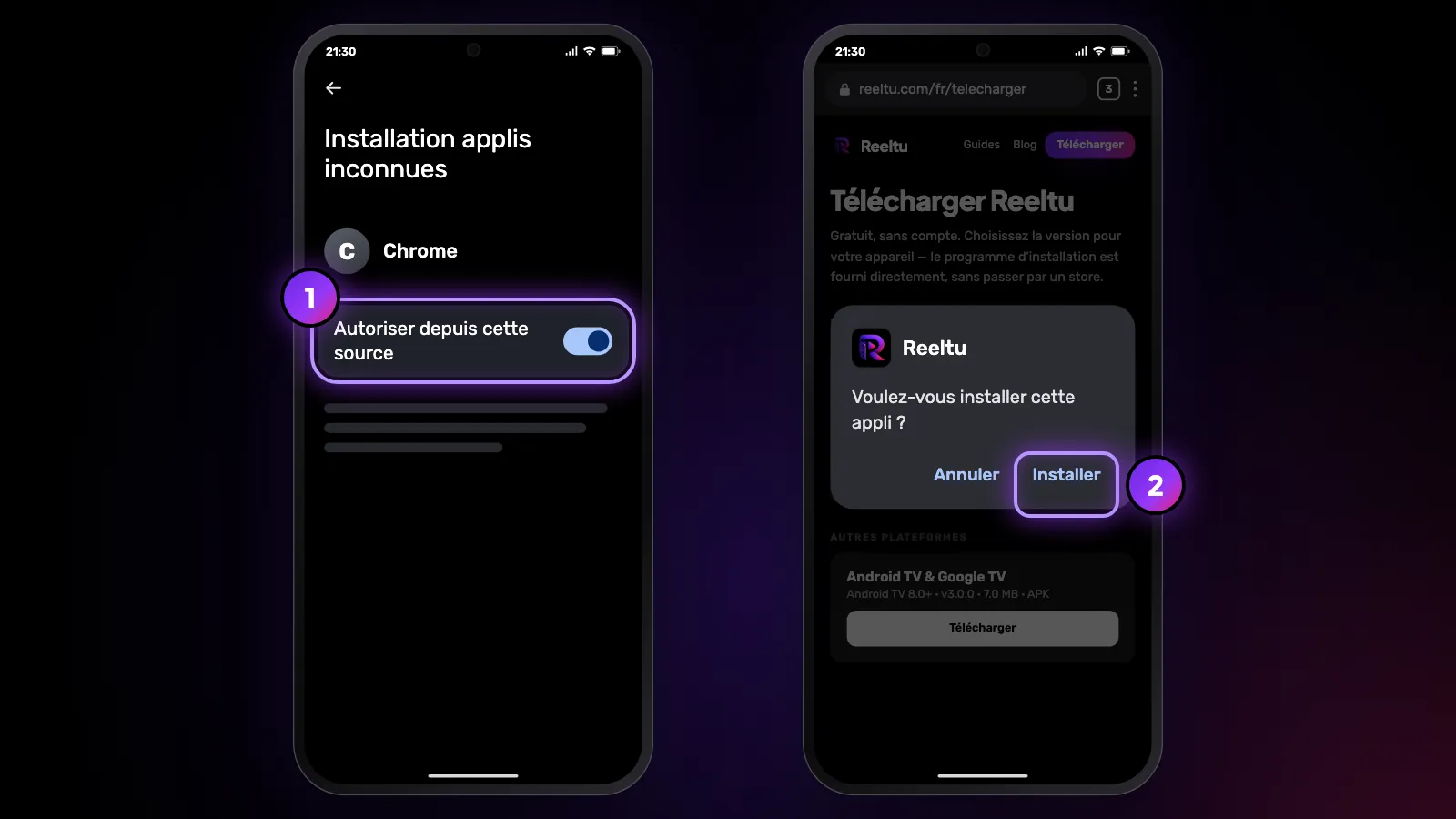 Deux téléphones : l'autorisation du navigateur pour les applis inconnues est activée, puis Android demande s'il faut installer Reeltu.