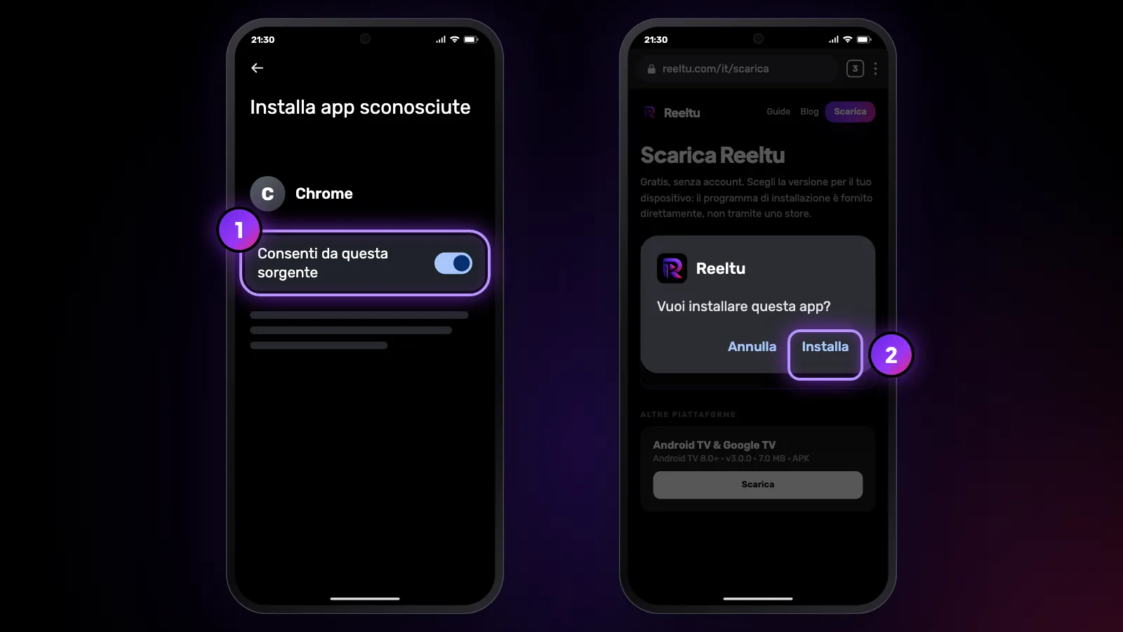 Due telefoni: si attiva il permesso del browser per le app sconosciute, poi Android chiede se installare Reeltu.