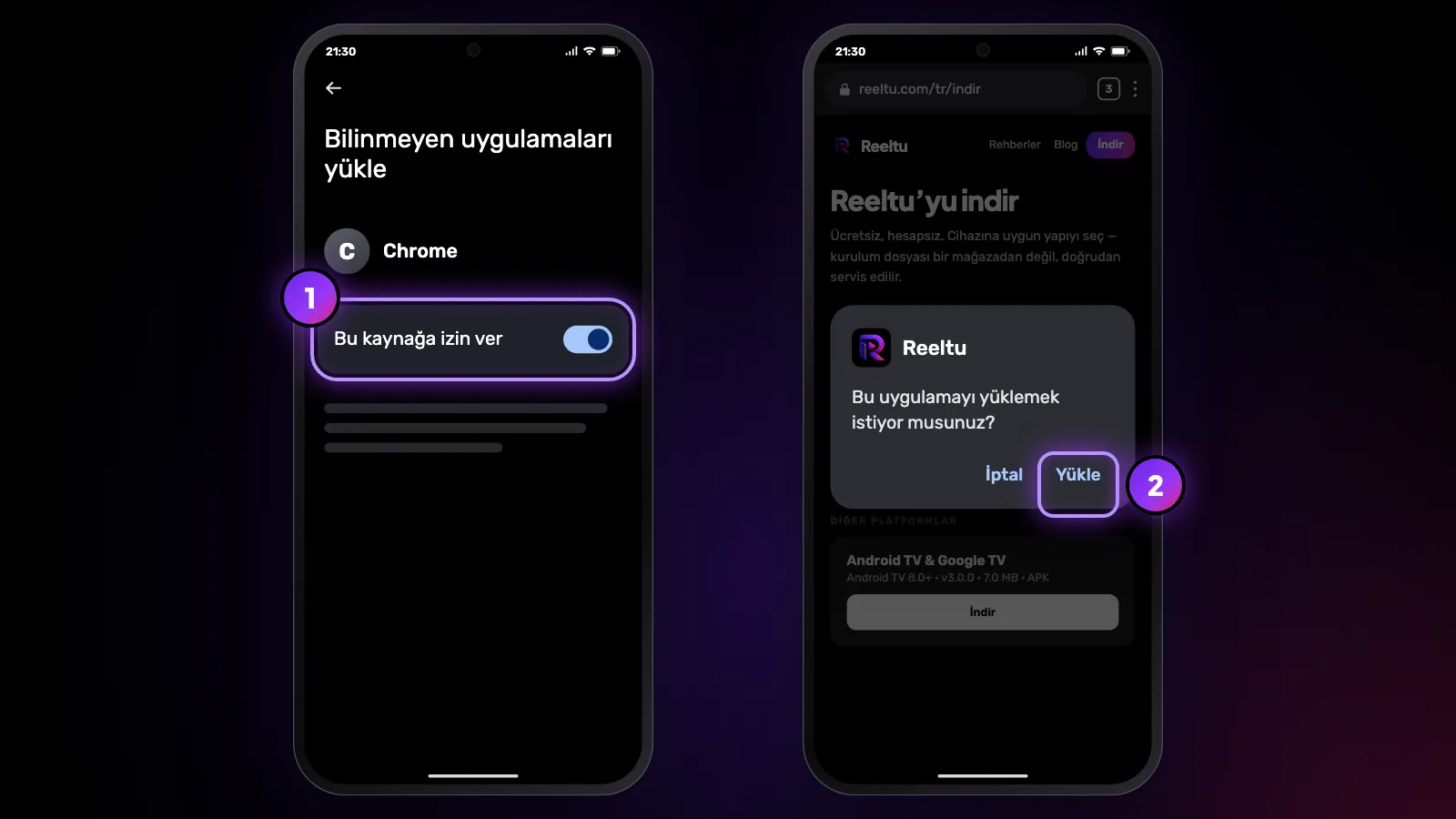 İki telefon: tarayıcı için bilinmeyen uygulama izni açılıyor, ardından Android Reeltu'yu yüklemek isteyip istemediğinizi soruyor.