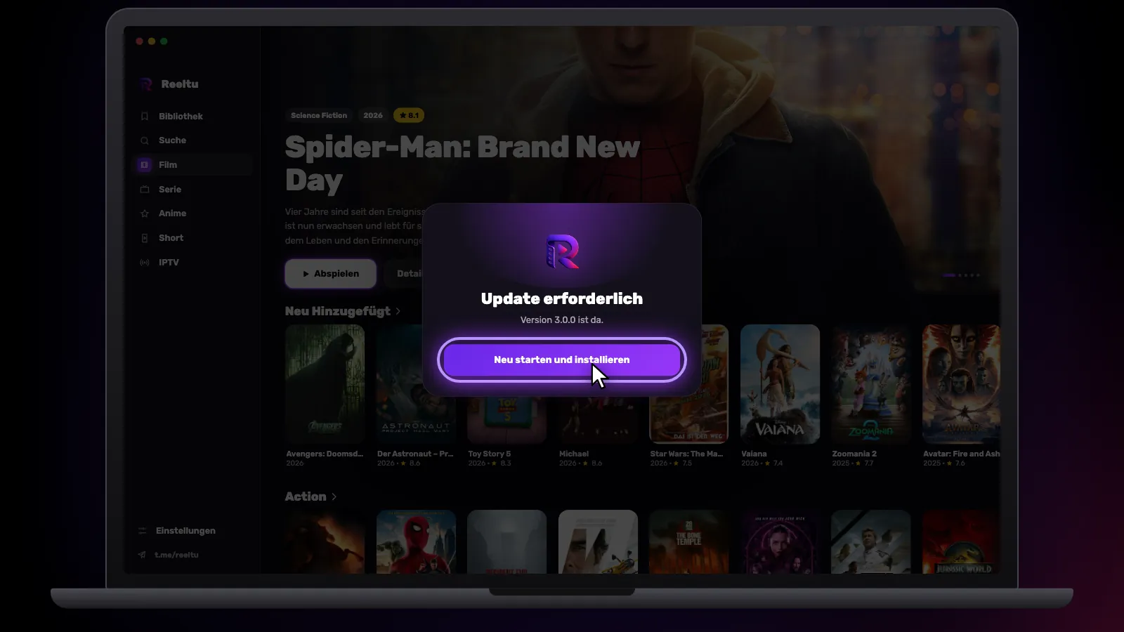 Der Bildschirm „Update erforderlich“ von Reeltu: Die neue Version ist geladen, mit der Schaltfläche Neu starten und installieren.