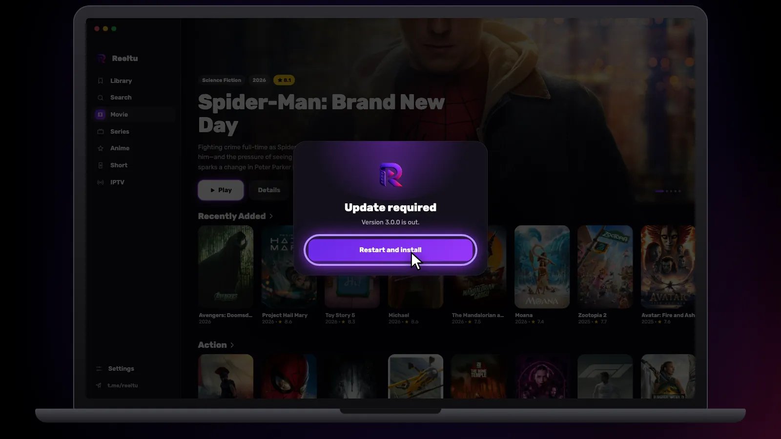 Reeltu’s Update required screen: the new version has downloaded, with the Restart and install button.