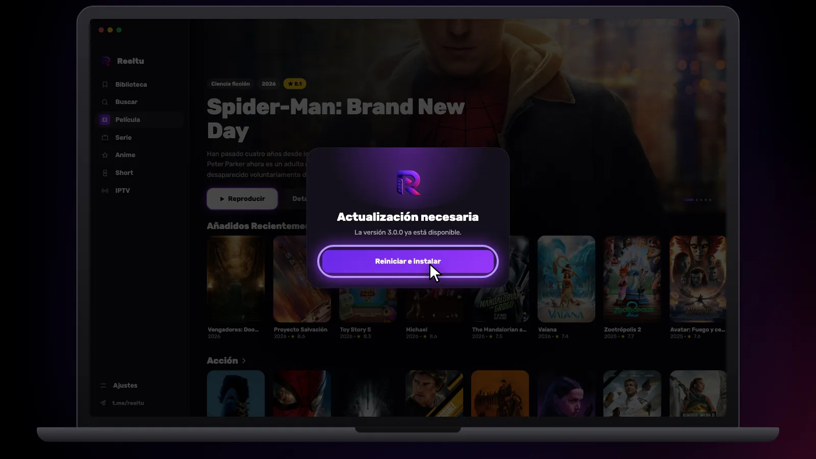 La pantalla «Actualización necesaria» de Reeltu: la versión nueva ya se ha descargado, con el botón Reiniciar e instalar.