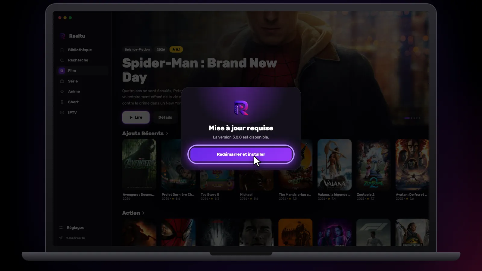 L’écran « Mise à jour requise » de Reeltu : la nouvelle version est téléchargée, avec le bouton Redémarrer et installer.