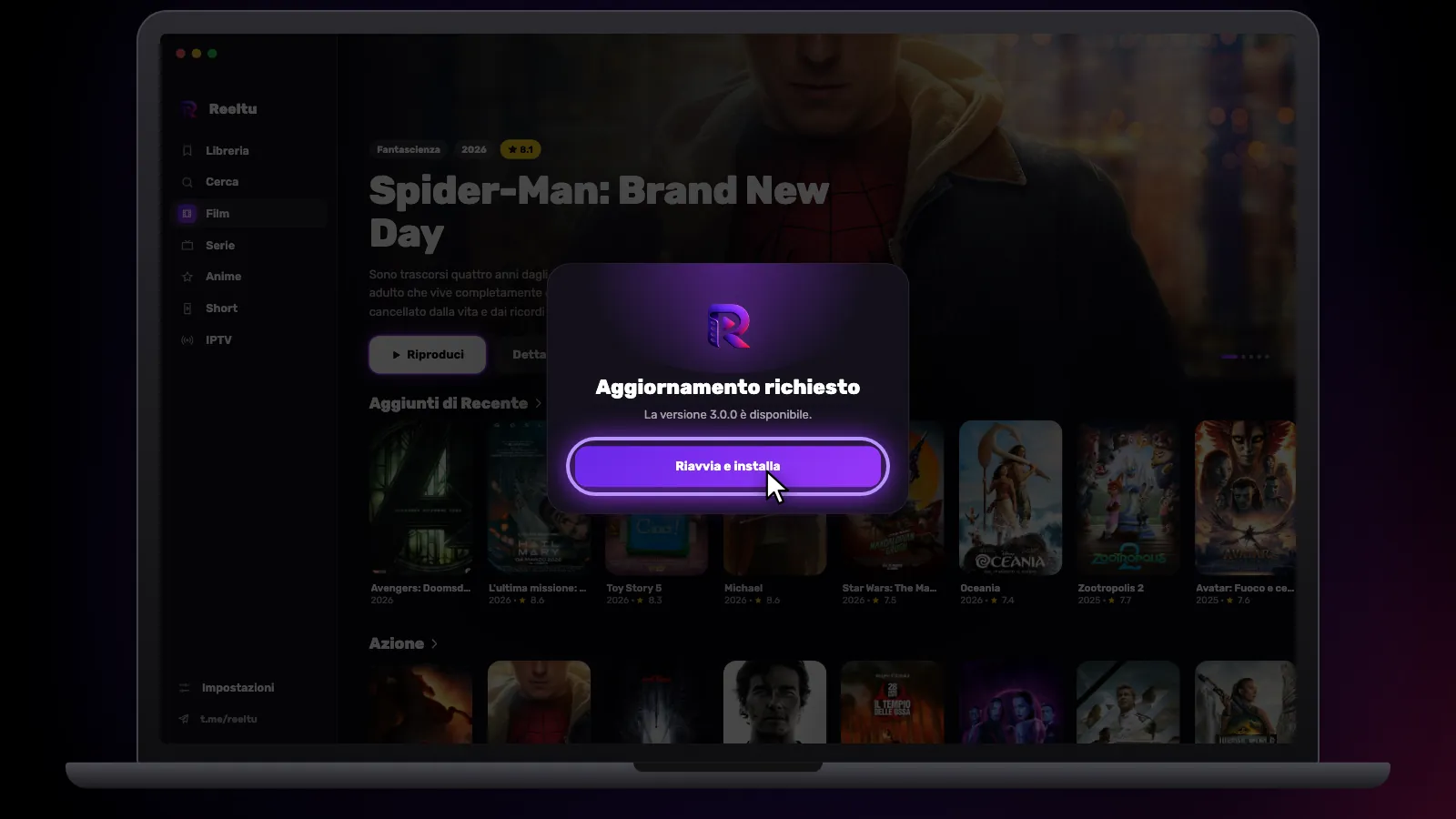 La schermata «Aggiornamento richiesto» di Reeltu: la nuova versione è scaricata, con il pulsante Riavvia e installa.