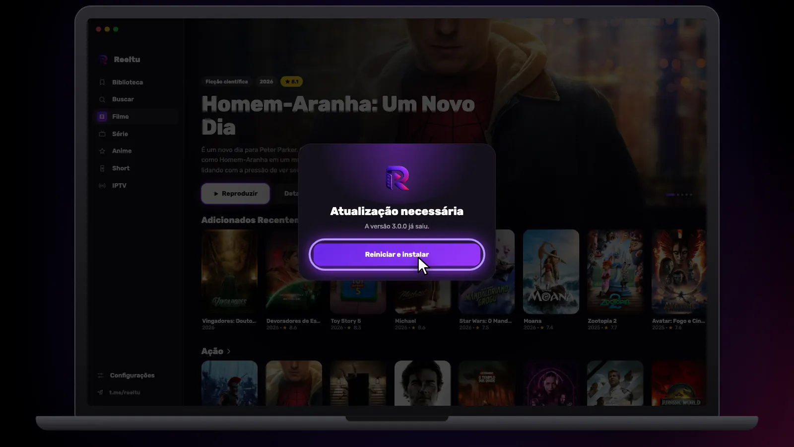 A tela “Atualização necessária” do Reeltu: a nova versão já foi baixada, com o botão Reiniciar e instalar.