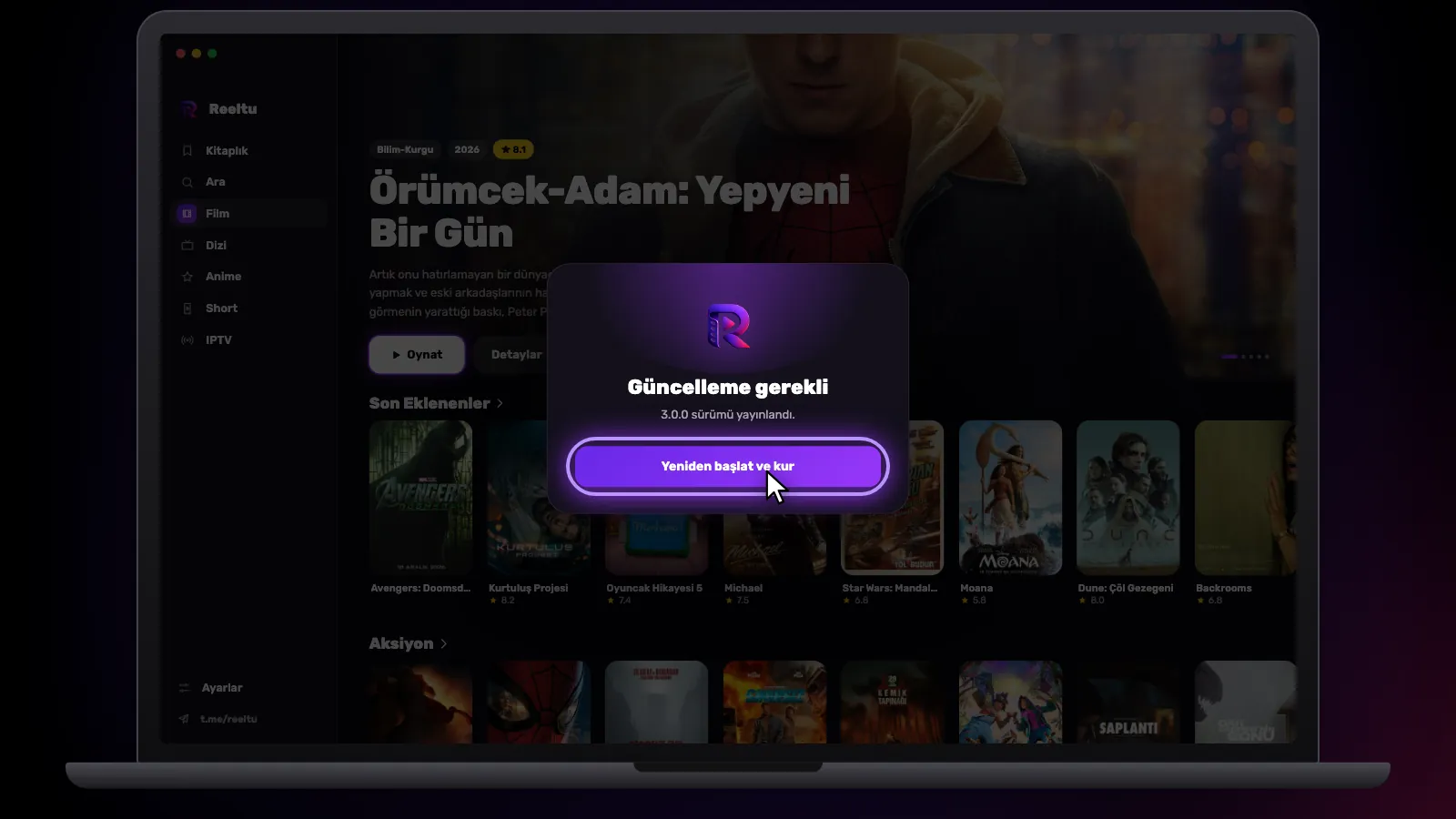 Reeltu’nun Güncelleme gerekli ekranı: yeni sürüm indirildi, Yeniden başlat ve kur düğmesi hazır.