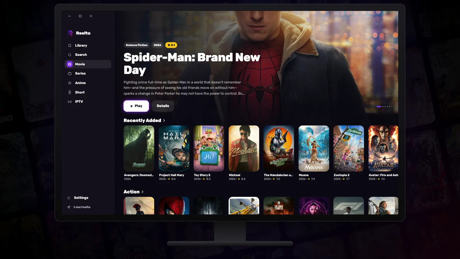 A Windows monitor showing the Reeltu app with rows of movie posters.