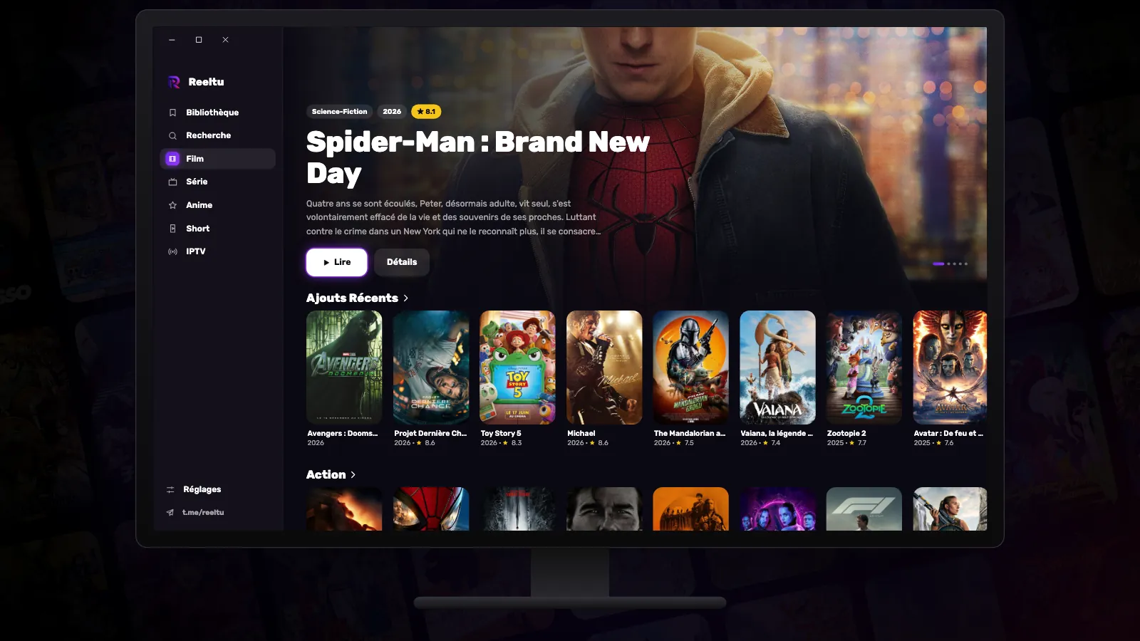 Un écran Windows affichant l’application Reeltu et ses rangées d’affiches de films.