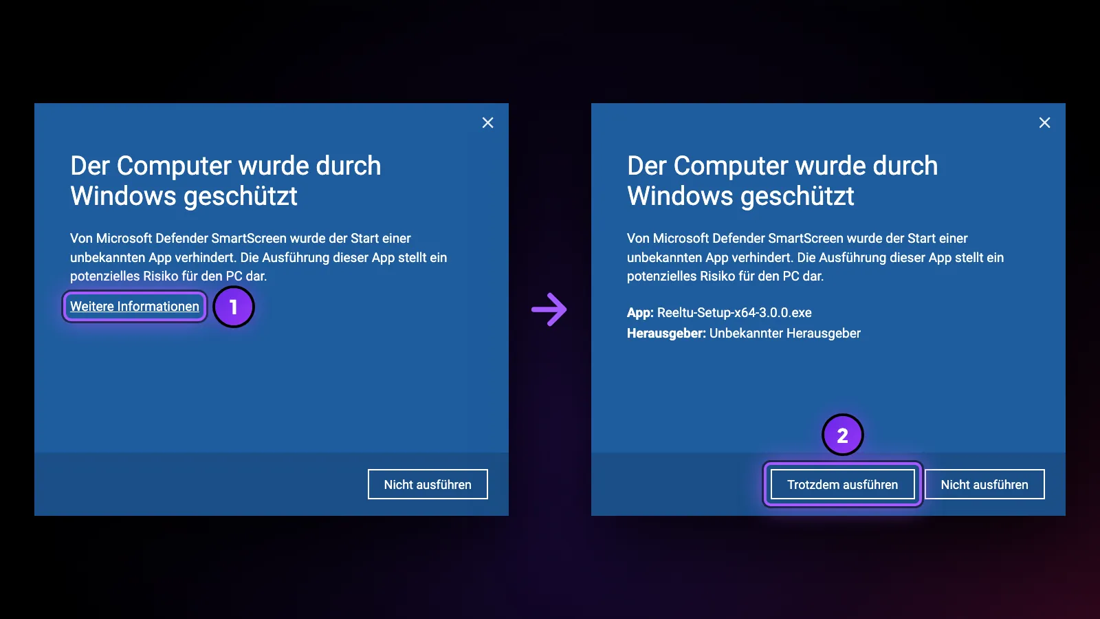 Der SmartScreen-Hinweis „Der Computer wurde durch Windows geschützt“: erst „Weitere Informationen“, dann „Trotzdem ausführen“.