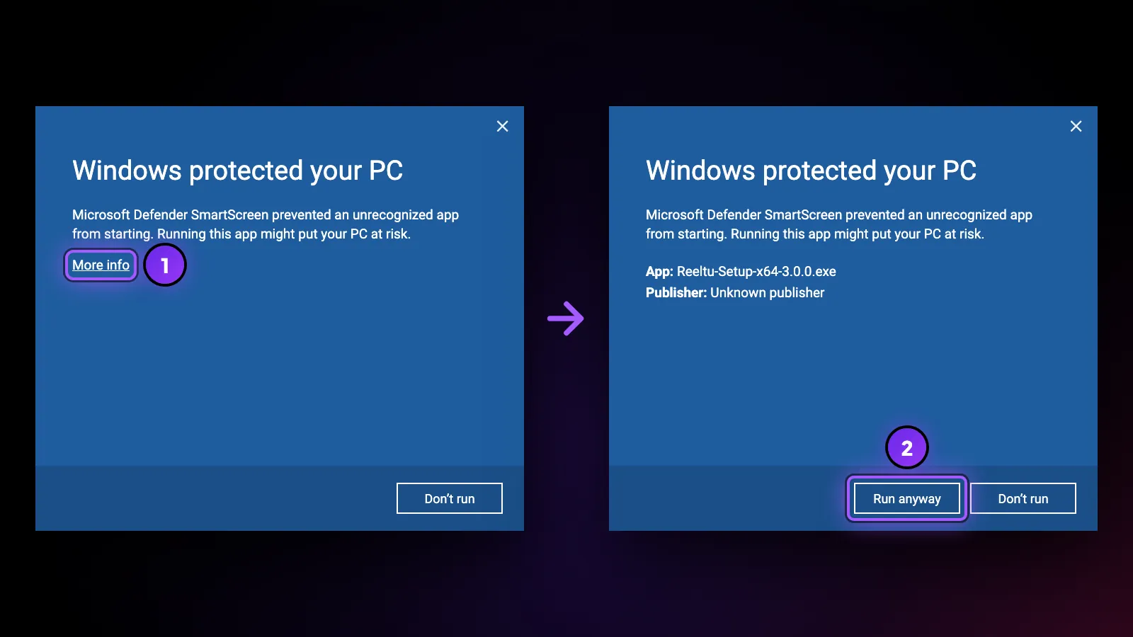 SmartScreen’s “Windows protected your PC” screen: first select More info, then Run anyway.
