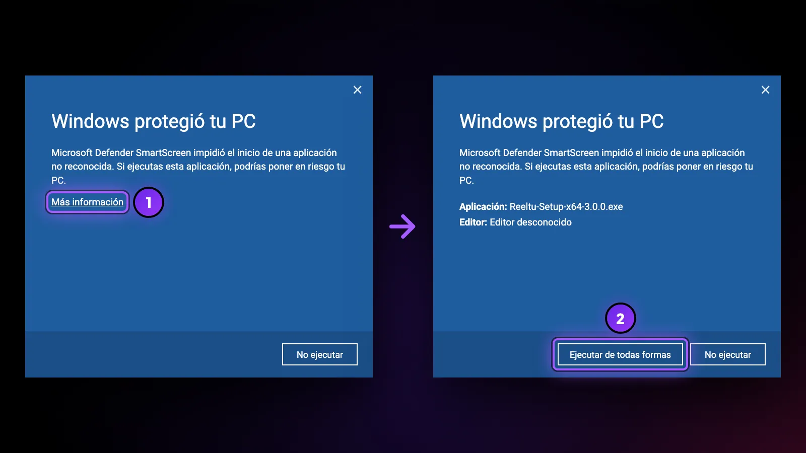 La pantalla de SmartScreen «Windows protegió tu PC»: primero Más información y después Ejecutar de todas formas.