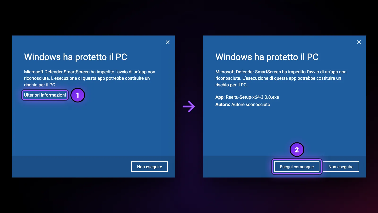 La schermata SmartScreen «Windows ha protetto il PC»: prima Ulteriori informazioni, poi Esegui comunque.