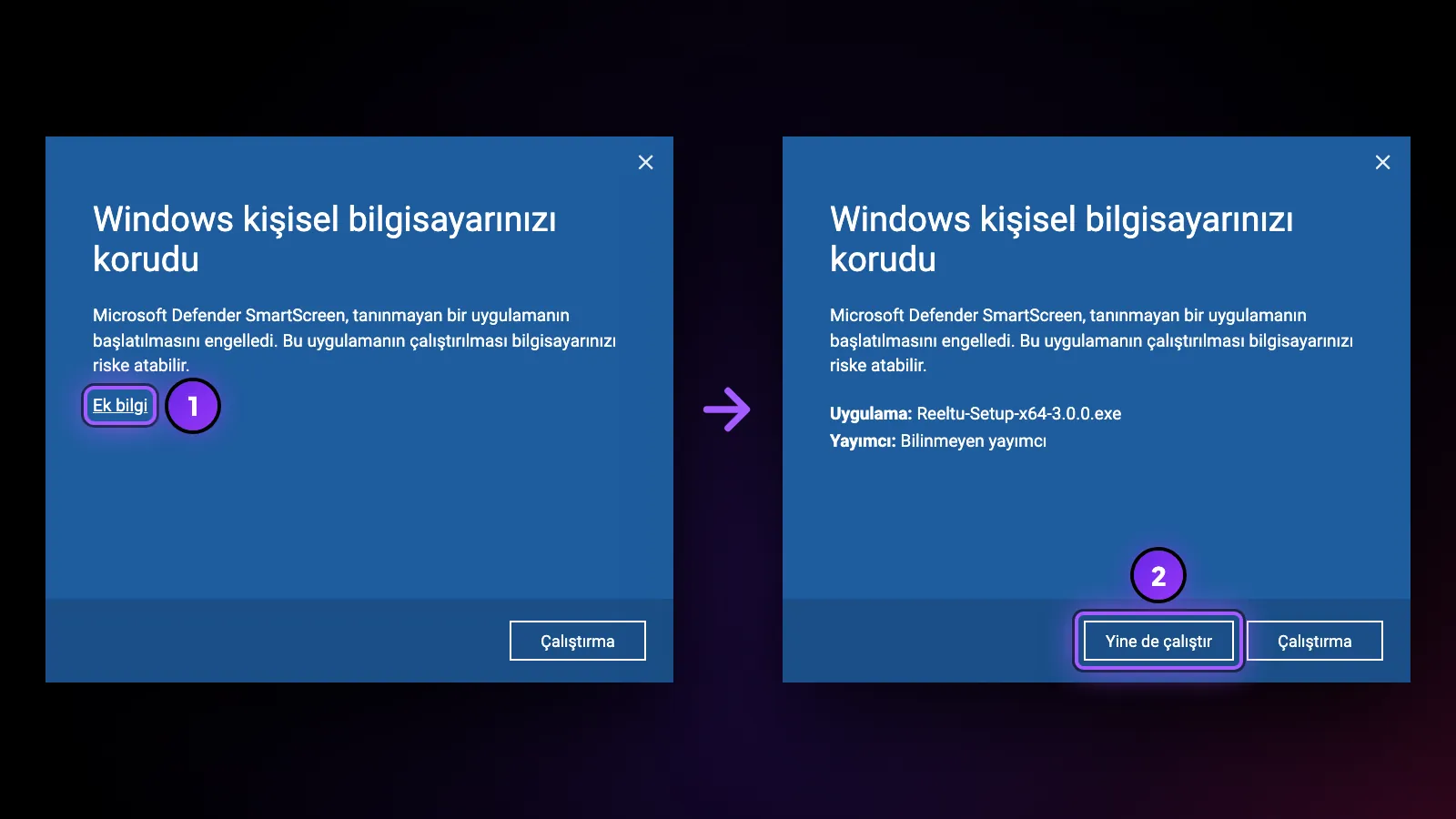 SmartScreen’in “Windows kişisel bilgisayarınızı korudu” ekranı: önce Ek bilgi’yi, sonra Yine de çalıştır’ı seç.