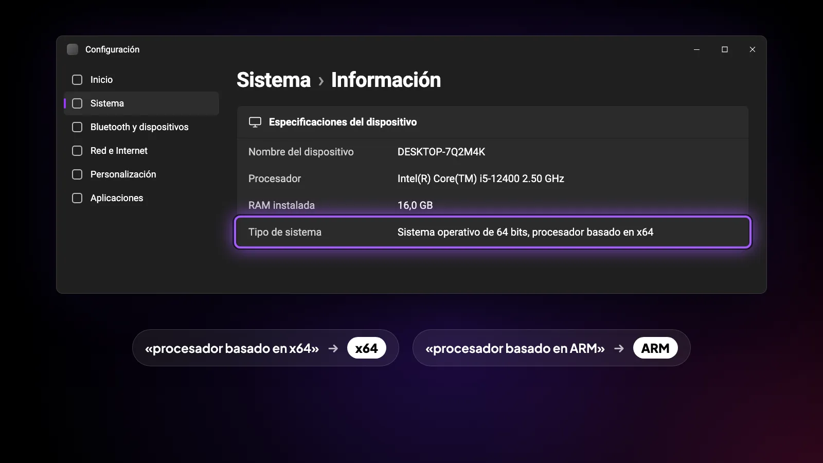 Configuración › Sistema › Información con Tipo de sistema resaltado: «basado en x64» es la versión x64, «basado en ARM», la ARM.