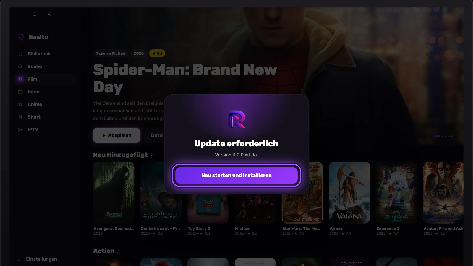 Der Bildschirm „Update erforderlich“ von Reeltu unter Windows mit markierter Schaltfläche Neu starten und installieren.