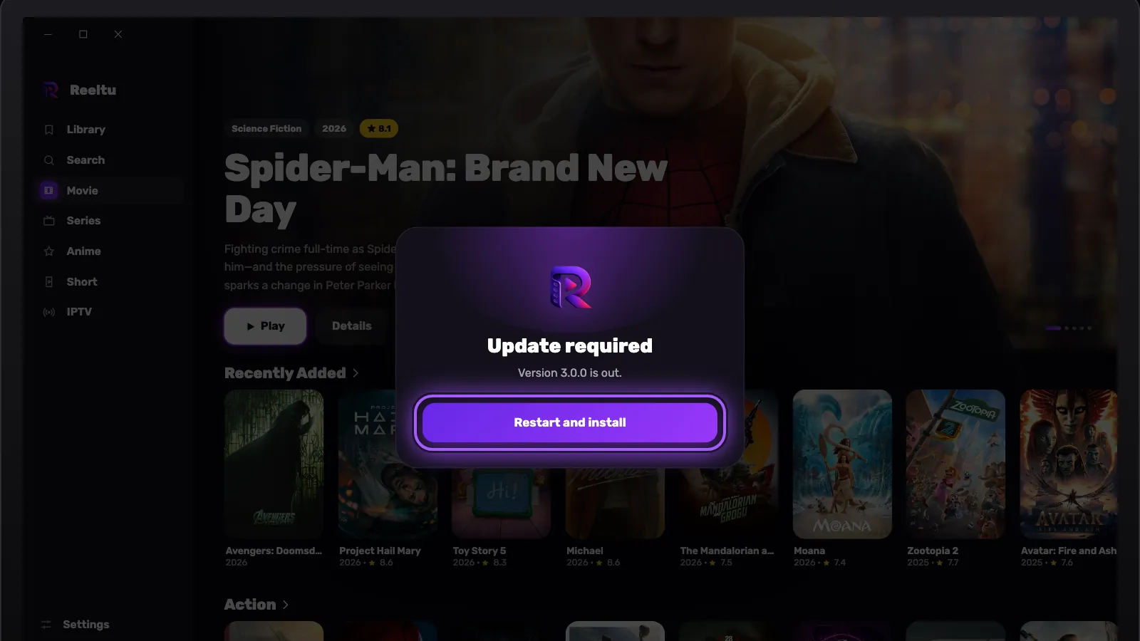 Reeltu’s Update required screen on Windows, with the Restart and install button highlighted.