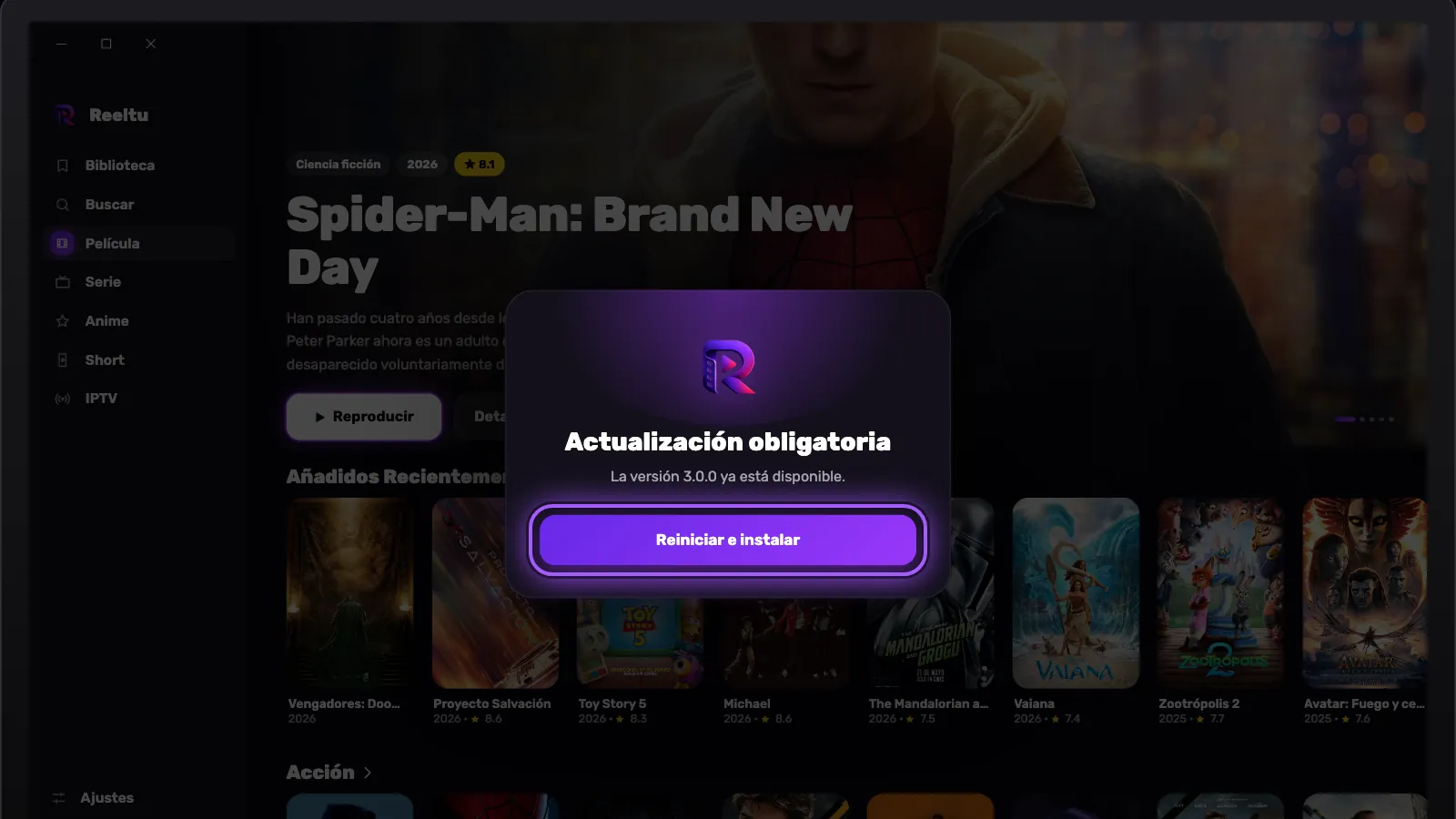 La pantalla «Actualización obligatoria» de Reeltu en Windows, con el botón Reiniciar e instalar resaltado.