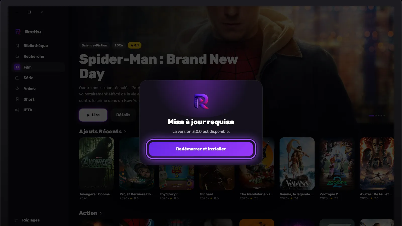 L’écran « Mise à jour requise » de Reeltu sur Windows, avec le bouton Redémarrer et installer mis en évidence.