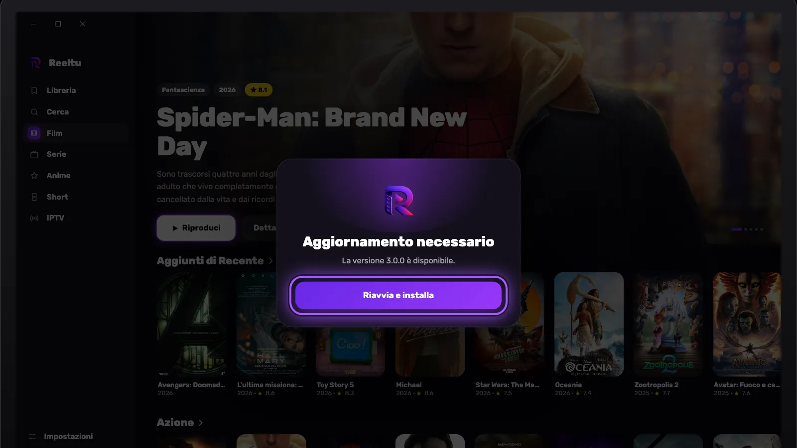 La schermata «Aggiornamento necessario» di Reeltu su Windows, con il pulsante Riavvia e installa evidenziato.