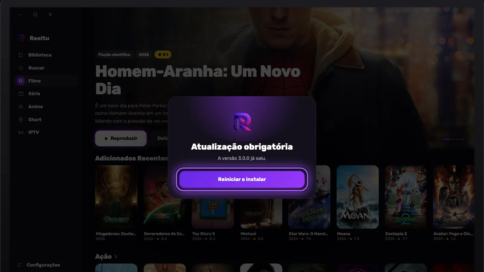 A tela “Atualização obrigatória” do Reeltu no Windows, com o botão Reiniciar e instalar destacado.