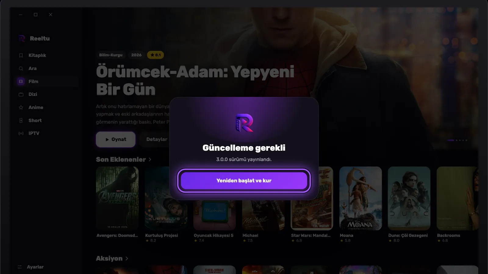 Reeltu’nun Windows’taki Güncelleme gerekli ekranı; Yeniden başlat ve kur düğmesi vurgulu.