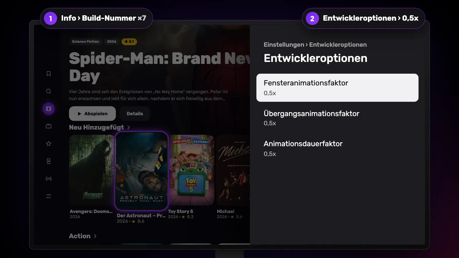 Entwickleroptionen mit allen drei Animationsfaktoren auf 0,5x, nachdem unter Info siebenmal die Build-Nummer gewählt wurde.