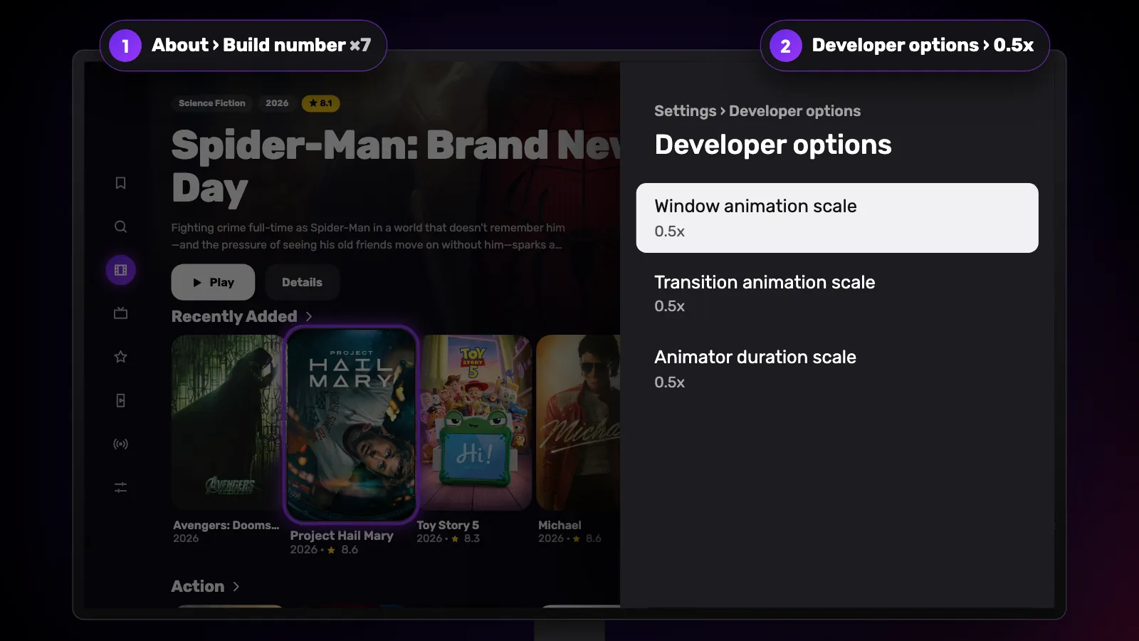 Developer options panel with all three animation scales at 0.5x, after selecting the build number seven times under About.