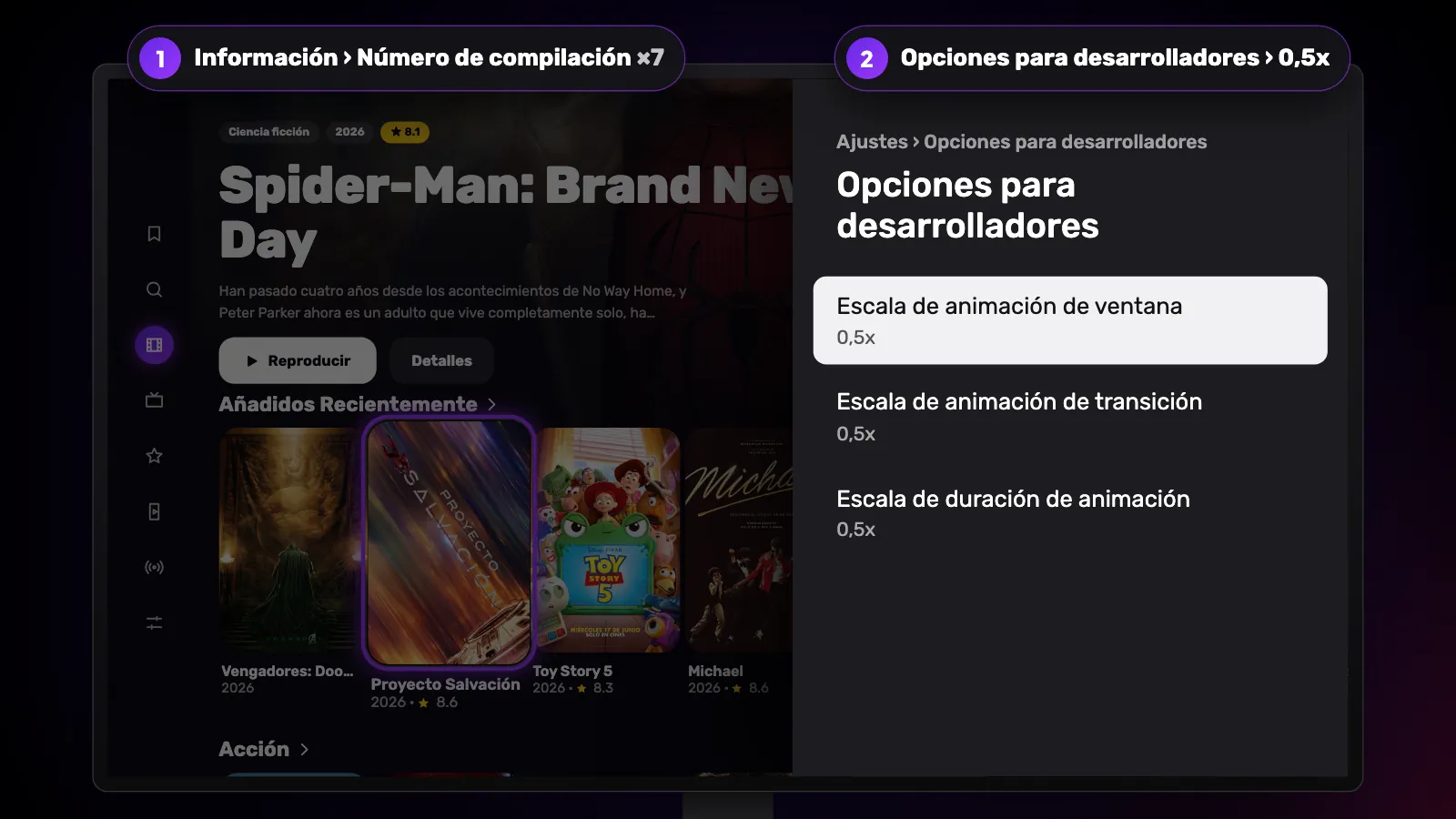 Panel de Opciones para desarrolladores con las tres escalas de animación en 0,5x, tras pulsar 7 veces el número de compilación.