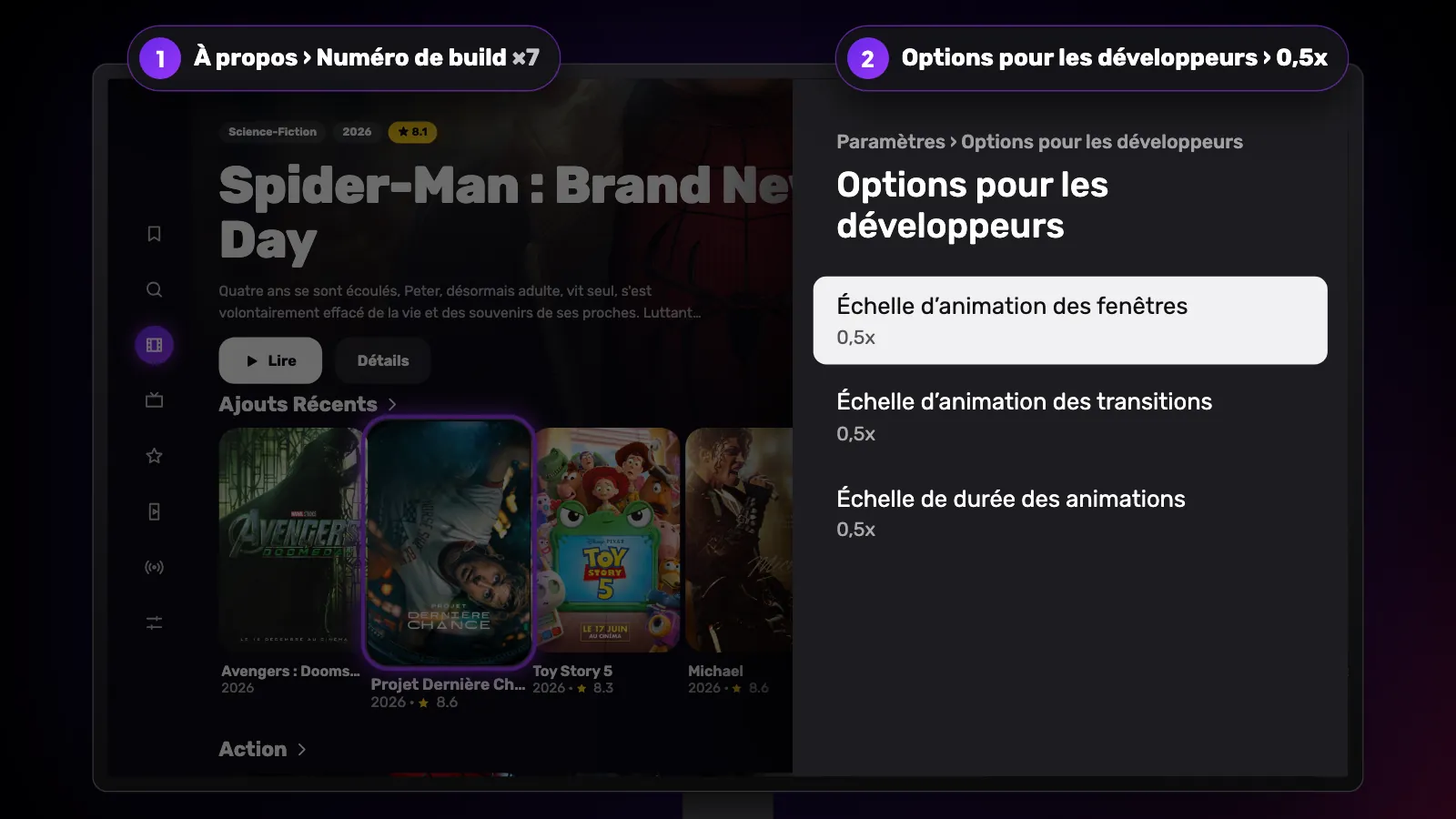 Panneau Options pour les développeurs : les trois échelles d’animation à 0,5x, après le numéro de build choisi 7 fois.